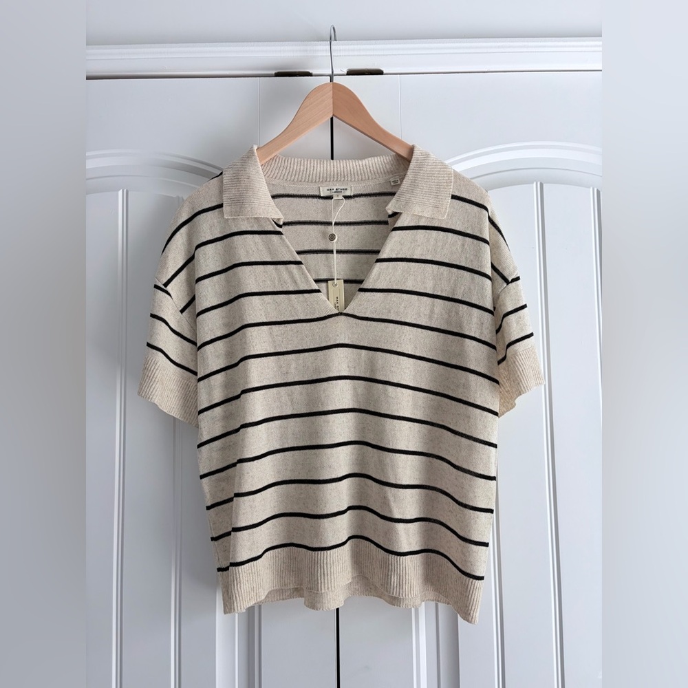 Max Studio Sweater Womens Large Ivory Black Striped Linen Blend Short Sleeve Top